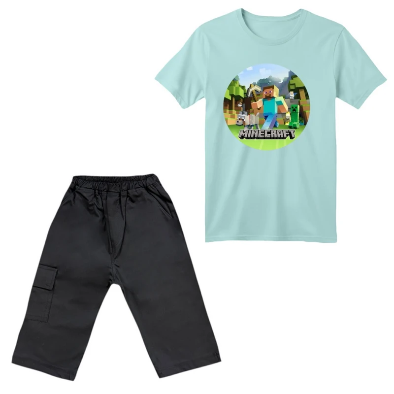 ست تی‌شرت آستین کوتاه و شلوارک پسرانه مدل ماینکرفت کد 3 رنگ آبی روشن