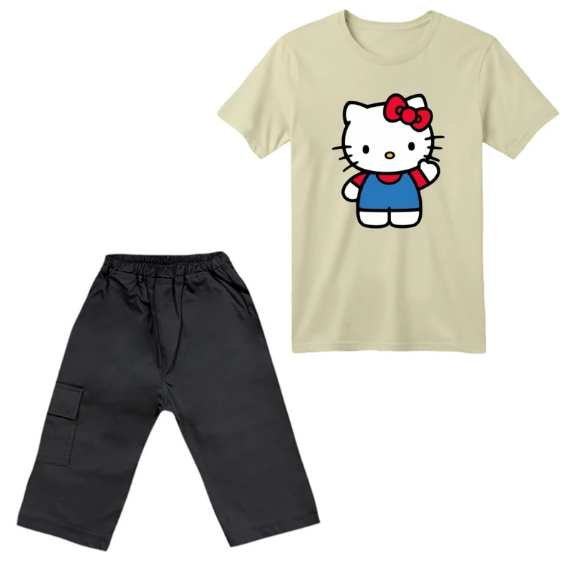 ست تی‌شرت آستین کوتاه و شلوارک دخترانه مدل کیتی کد ۳ رنگ کرم