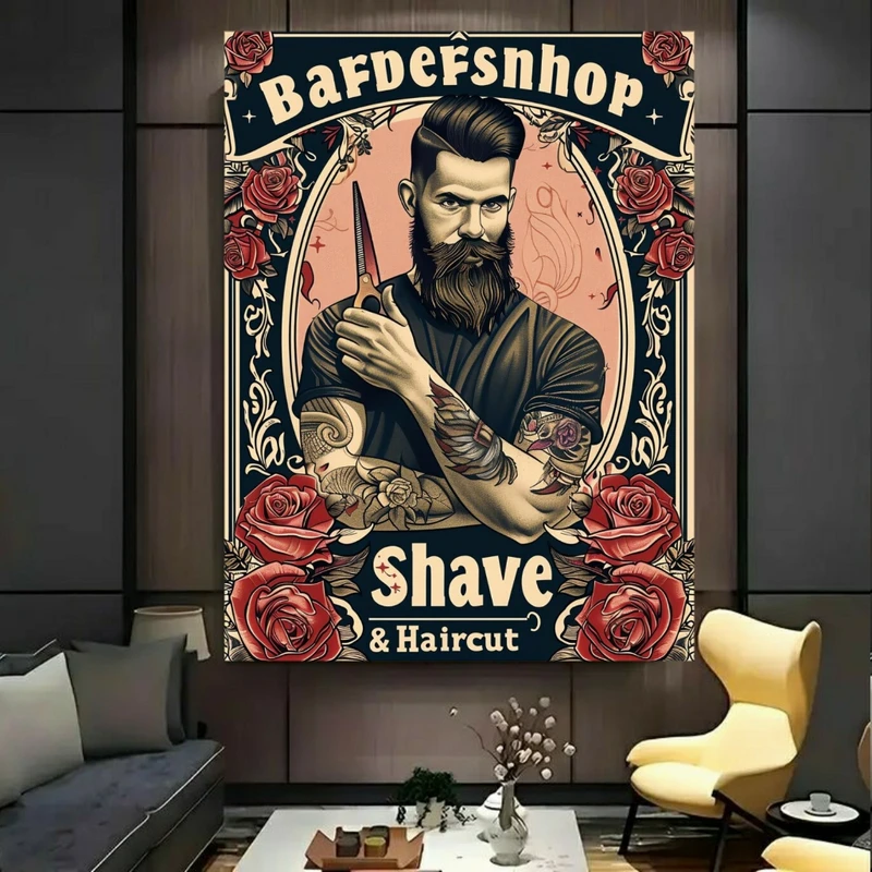 تابلو بوم طرح مخمل آرایشگاه مردانه مدل shave and haircut کد GR1878