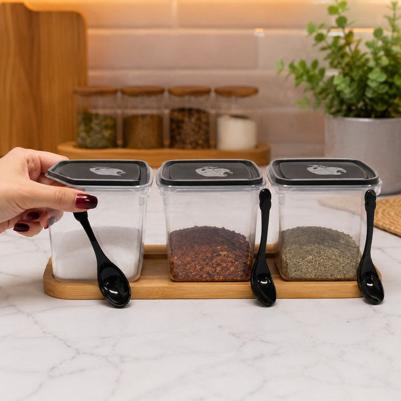 جای ادویه مدل مربع اپل تاپ به همراه قاشق مجموعه 3 عددی