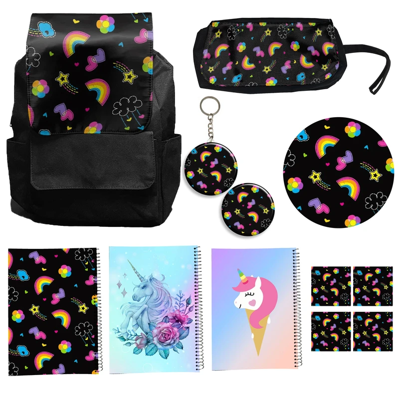 کوله پشتی مدل یونیکورن تک شاخ کد A6 Unicorn به همراه دفتر مشق و جامدادی و زیر لیوانی و جاکلیدی مجموعه 12 عددی