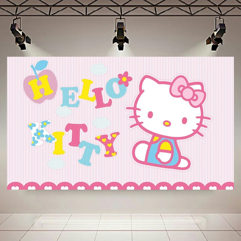 پوستر پارچه ای مدل چرم مخمل طرح کیتی Hello Kitty In Pink Striped Background کد AR4140