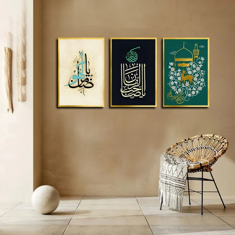 تابلو بکلیت طرح مذهبی مشهد مقدس و یا ضامن آهو مدل T-4108 فریم طلایی مجموعه 3 عددی