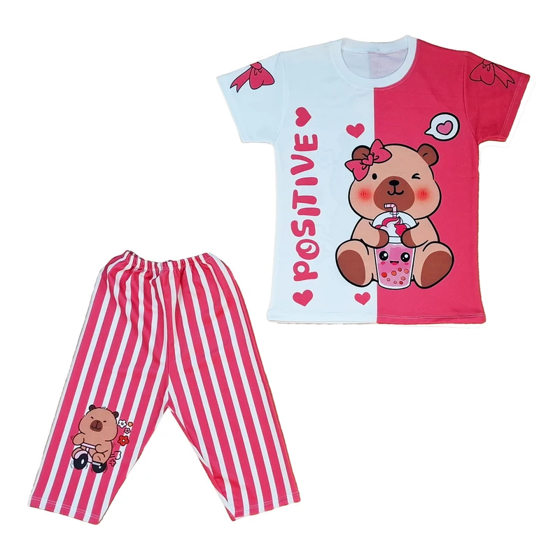 ست تی‌شرت آستین کوتاه و شلوارک راحتی دخترانه خرسی مدل B-1381