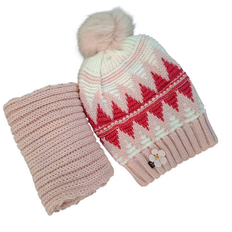 ست کلاه و شال گردن بافتنی دخترانه مدل لوزی