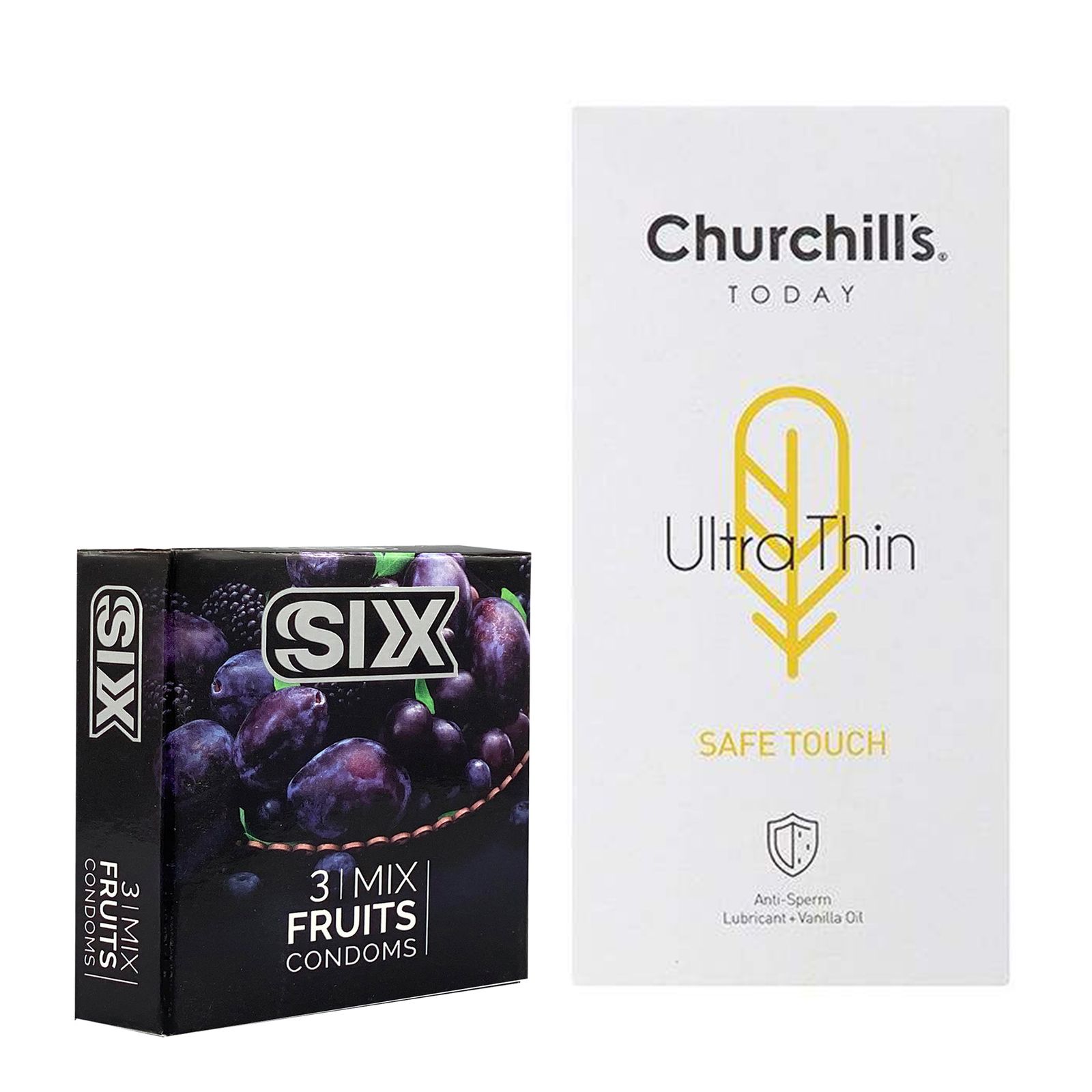 کاندوم چرچیلز مدل Safe Touch بسته 12 عددی به همراه کاندوم سیکس مدل میوه ای بسته 3 عددی