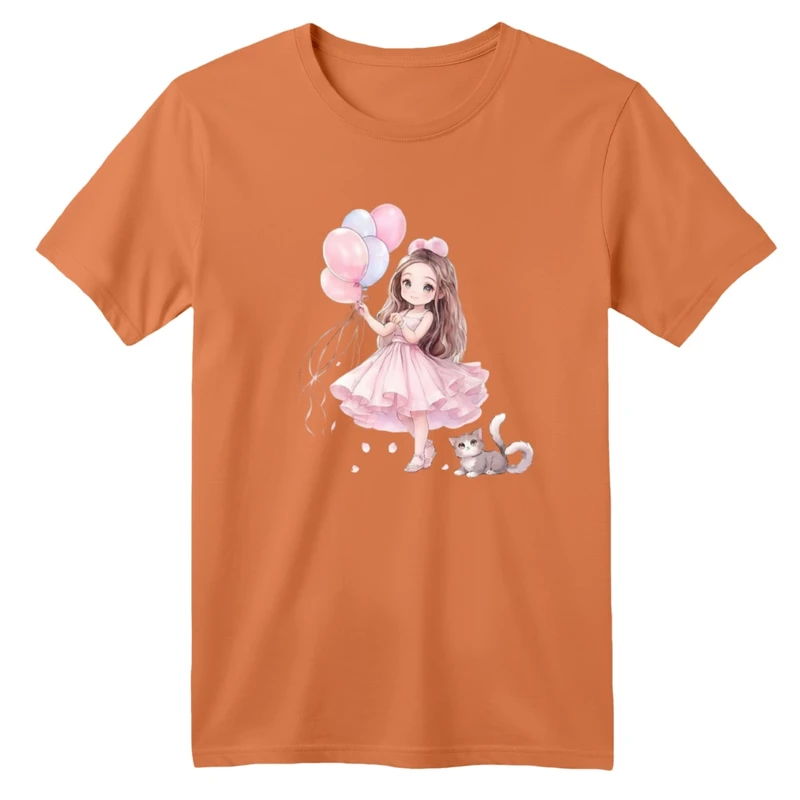 تی شرت آستین کوتاه بچگانه مدل دخترک و گربه