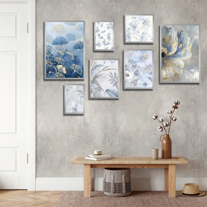 تابلو بکلیت طرح نقاشی گل و برگ مدل SI-3600 فریم نقره ای مجموعه 7 عددی