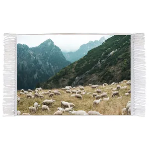 فرش ماشینی دیوارکوب اطلس آبی طرح طبیعت و کوه و گوسفند مدل T1842 