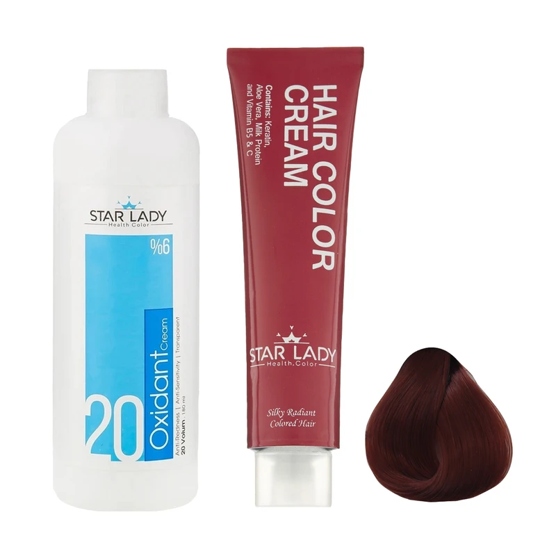 رنگ مو استارلیدی شماره 6.56 حجم 120 میلی لیتر رنگ دارچینی به همراه اکسیدان استارلیدی مدل 20 شش درصدی حجم 180 میلی لیتر