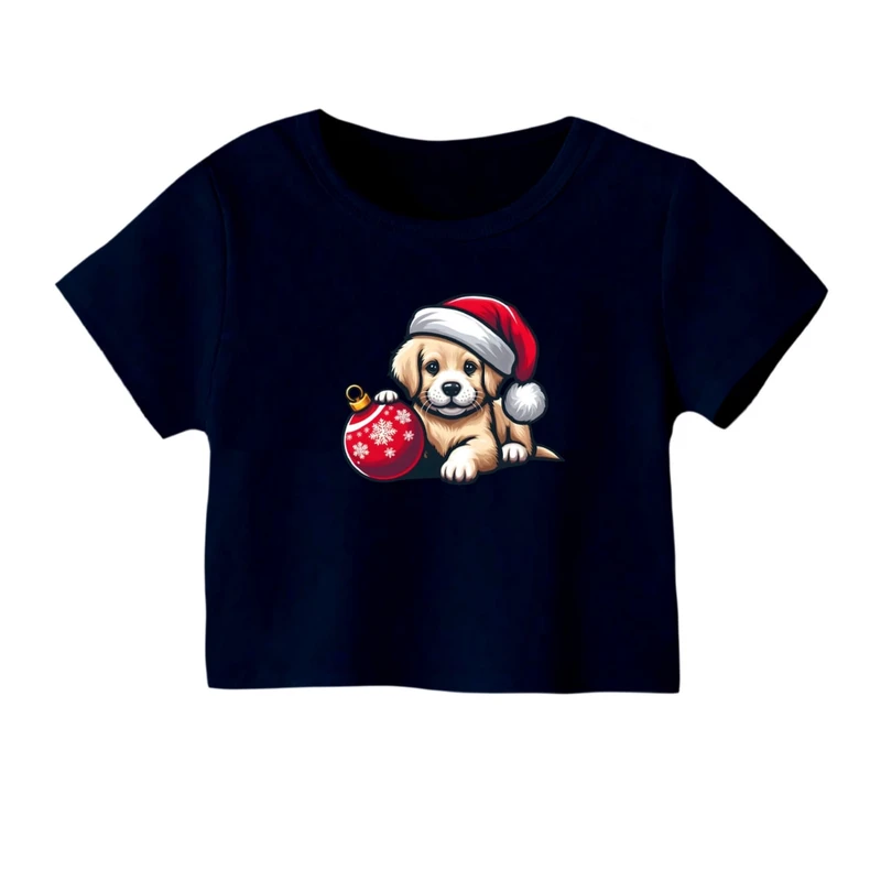 کراپ‌ تی‌شرت آستین کوتاه زنانه مدل سگ کریسمس