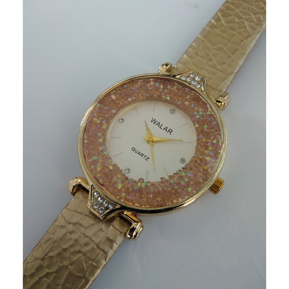 ساعت مچی عقربه ای دخترانه والار مدل بندچرمی دور شنی کد GOLD36