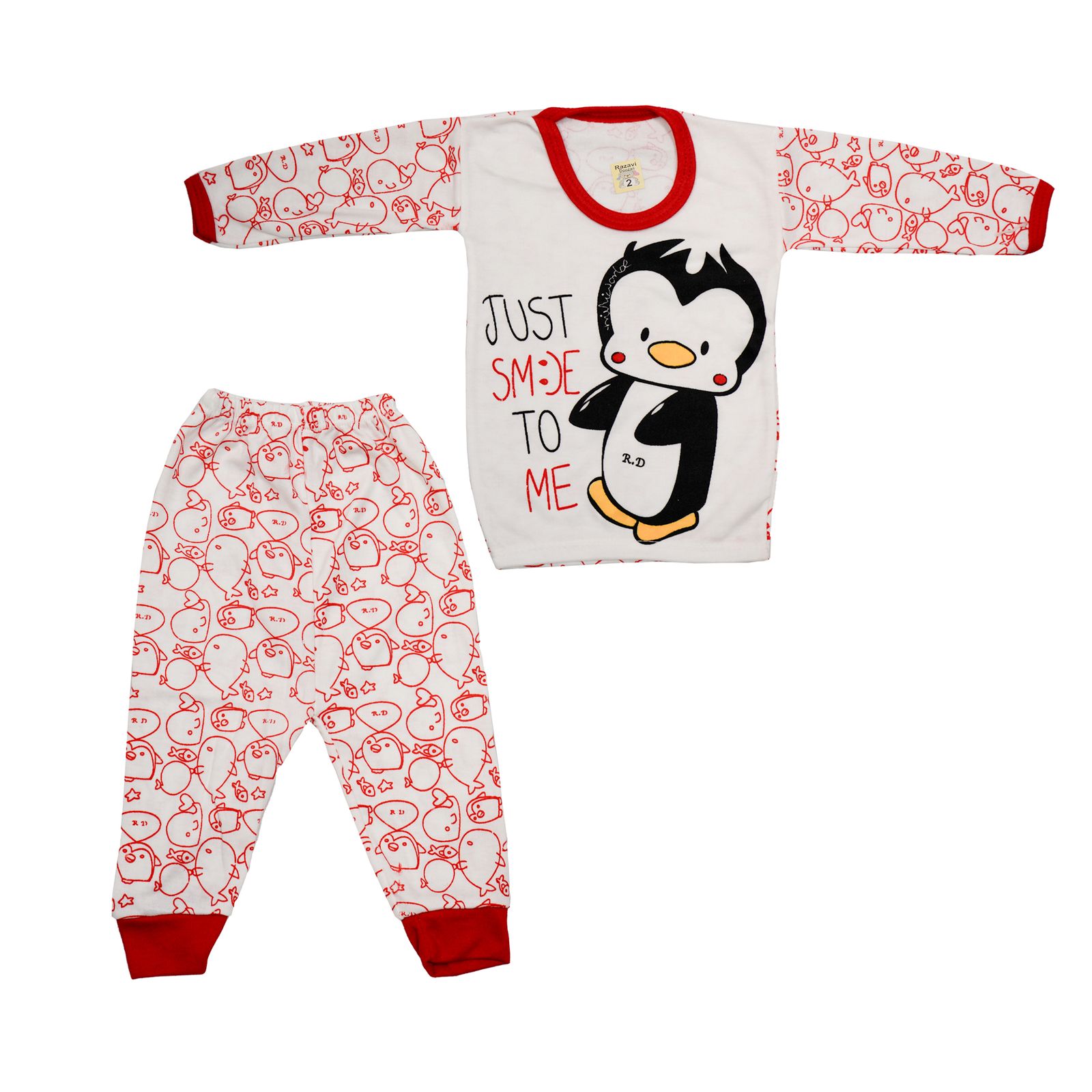 ست تی شرت و شلوار نوزادی مدل پنگوئن کد 1 رنگ قرمز -  - 1