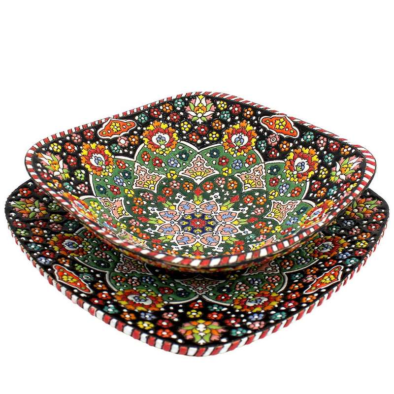 ست کاسه و بشقاب میناکاری دست نگار کد 30-30 مجموعه 2 عددی