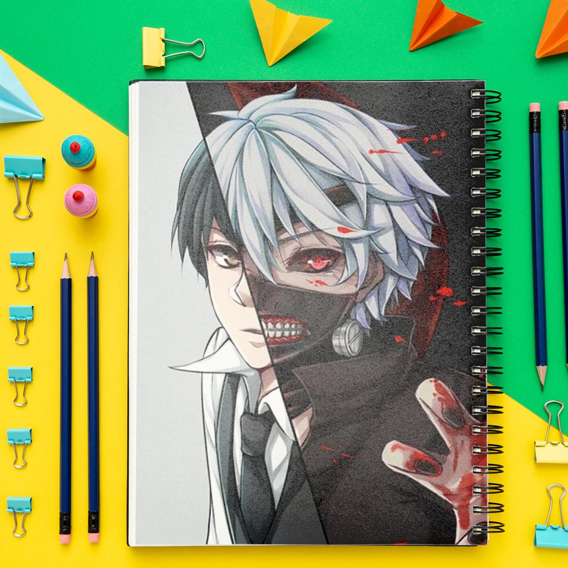 دفتر مشق باژیکان طرح انیمه توکیو غول Tokyo Ghoul کد 20211473 به همراه استیکر لپ تاپ مجموعه 14 عددی
