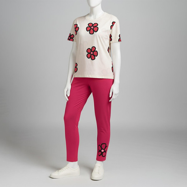 ست تی شرت آستین کوتاه و شلوار زنانه مادر مدل Rebecca رنگ سرخابی