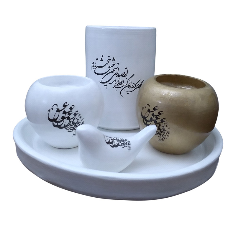 ست 5 تکه جاشمعی و مجسمه سفالی طرح مرغ آمین کد 111