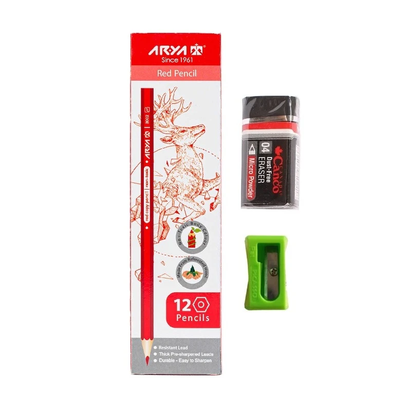مداد قرمز آریا مدل محبت به همراه پاکن و تراش مجموعه 14 عددی 