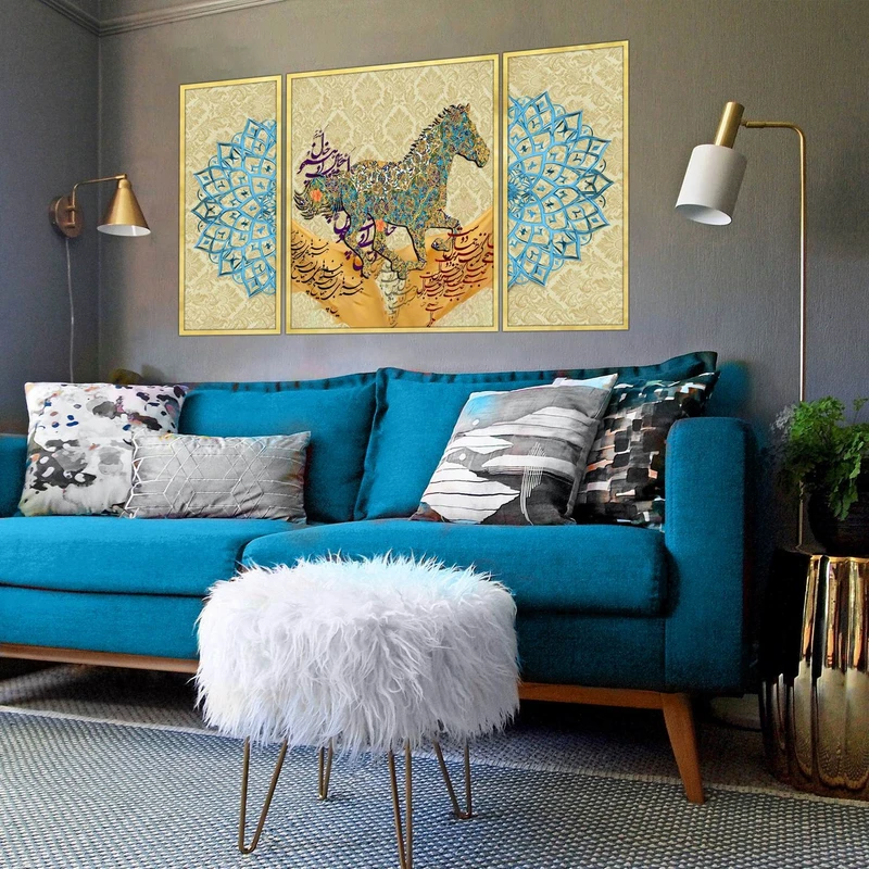 تابلو ساده بکلیت طرح مدرن دیجیتال آرت مدل شاین اکلیلی T-2906 فریم طلایی مجموعه 3 عددی