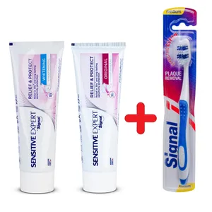 مسواک سیگنال مدل effective clean با برس متوسط به همراه خمیر دندان سیگنال مدل سنستیو اکسپرت وزن 100 گرم بسته 2 عددی