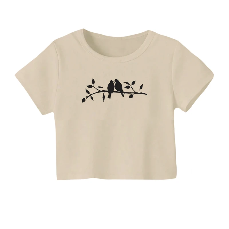 کراپ‌ تی‌شرت آستین کوتاه زنانه مدل پرنده و شاخه