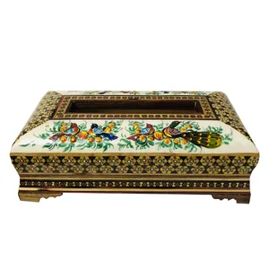 جعبه دستمال کاغذی خاتم کاری طرح گل و مرغ کد 1090