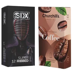 کاندوم چرچیلز مدل Coffee بسته 12 عددی به همراه کاندوم سیکس مدل شیاردار بسته 12 عددی 