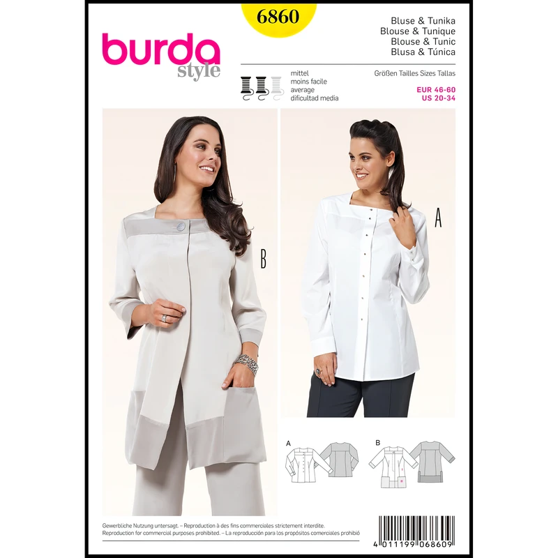 الگو خیاطی تونیک زنانه بوردا استایل کد 6860 سایز 46 تا 60 متد مولر