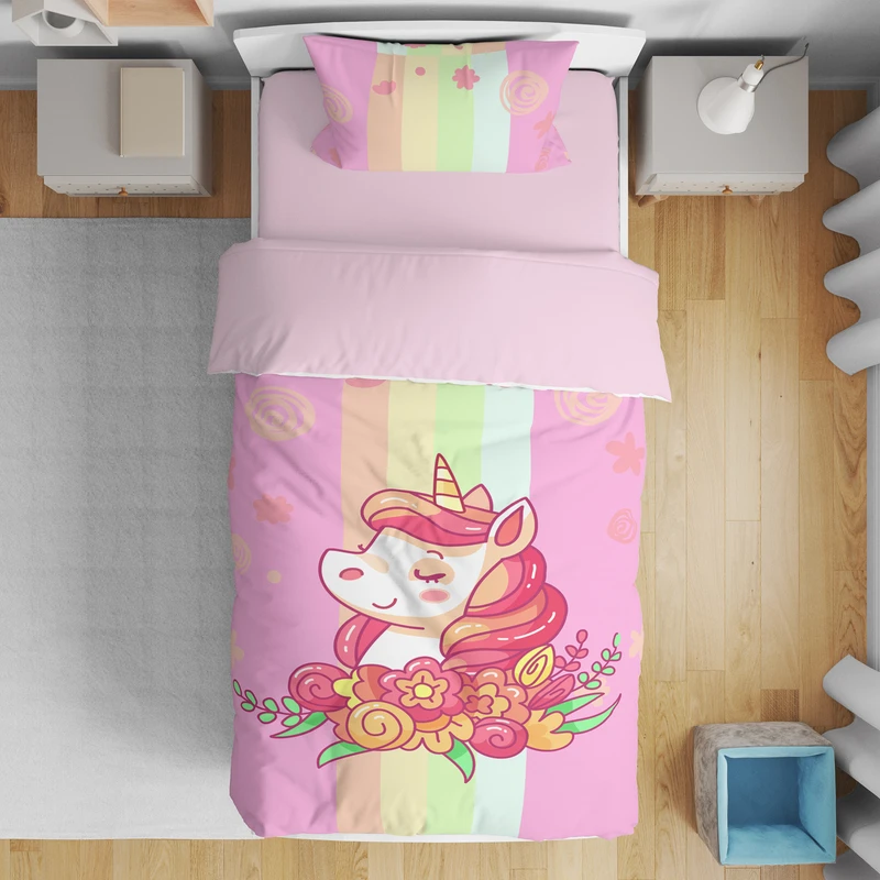 سرویس روتختی مدل اسب تکشاخ و گل کد 4662 یک نفره 5 تکه