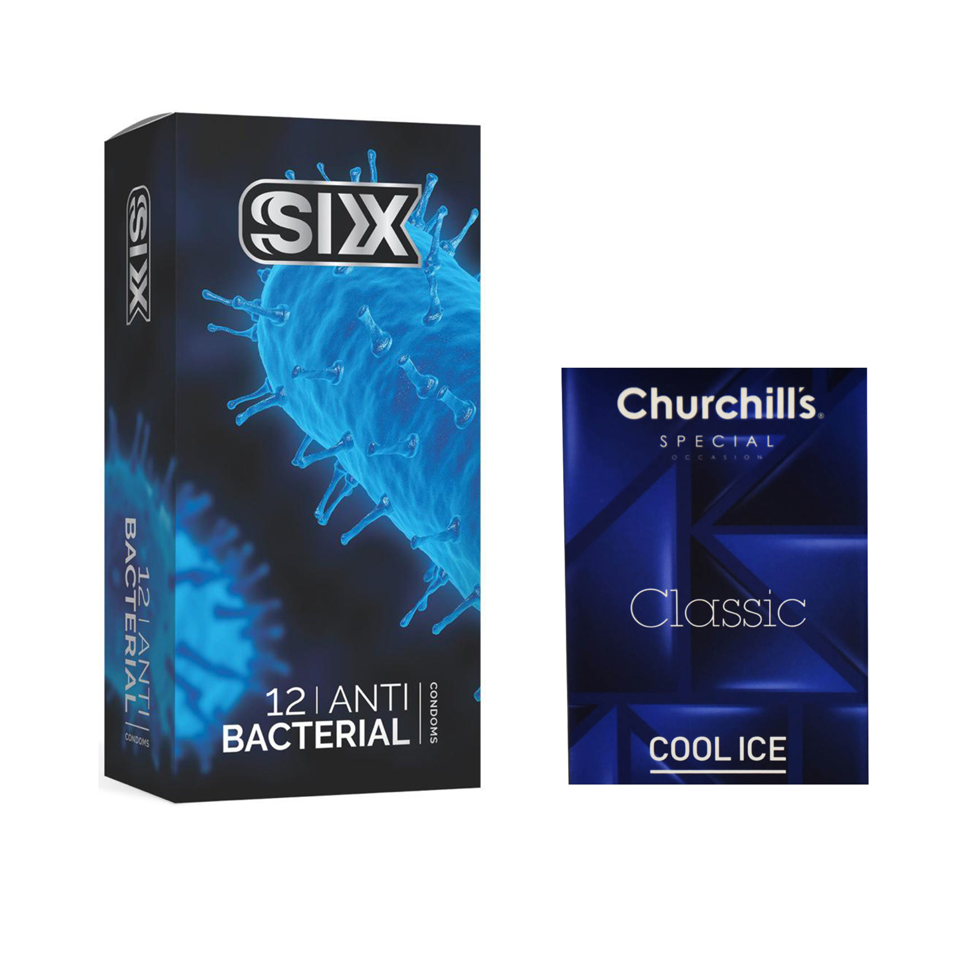 کاندوم سیکس مدل Anti Bacterial بسته 12 عددی به همراه کاندوم چرچیلز مدل Cool Ice بسته 3 عددی