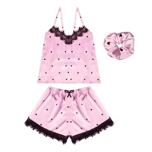 لباس خواب زنانه مدل ساتن ابریشم قلب گیپور دار کد 66509 