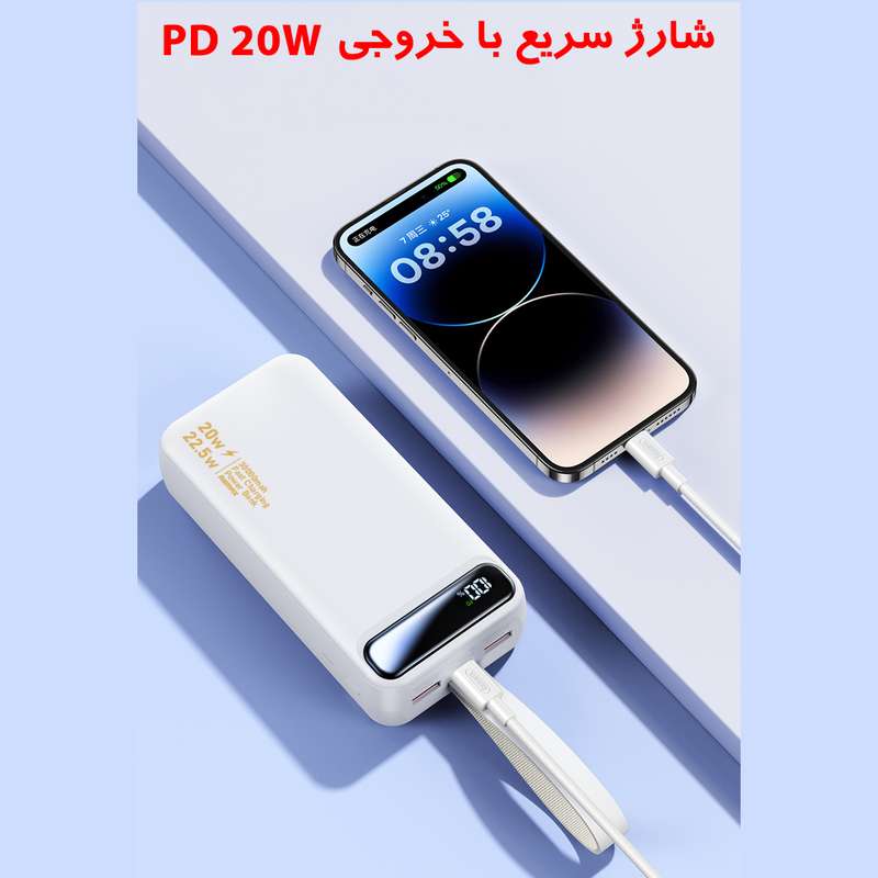 نمای پشتی پاوربانک ریمکس RPP-660 با چراغ LED قدرتمند روشن، محیط را روشن کرده و قابلیت استفاده به عنوان چراغ قوه را برجسته می‌کند
