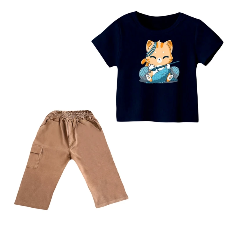 ست تی شرت و شلوارک دخترانه مدل گربه کد 25