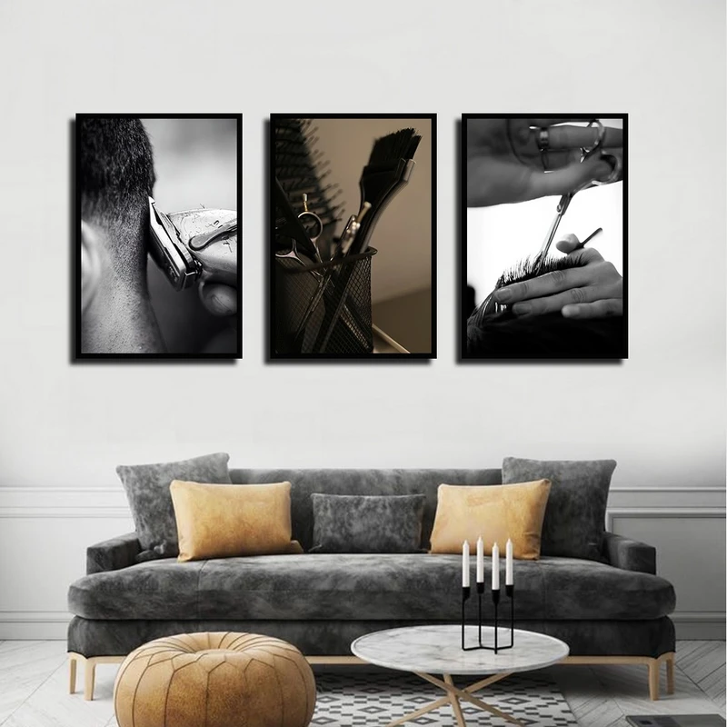 تابلو بکلیت طرح آرایشگاه مردانه کوتاهی مو مدل B-4203 رنگ فریم مشکی مجموعه 3 عددی