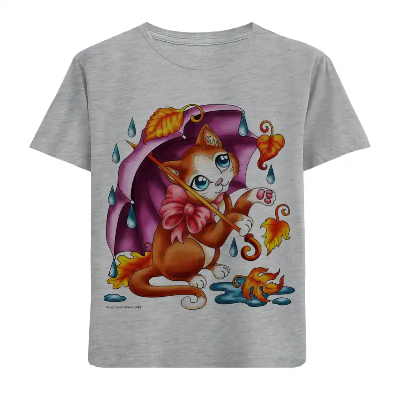 تی شرت آستین کوتاه بچگانه مدل گربه و چتر F630