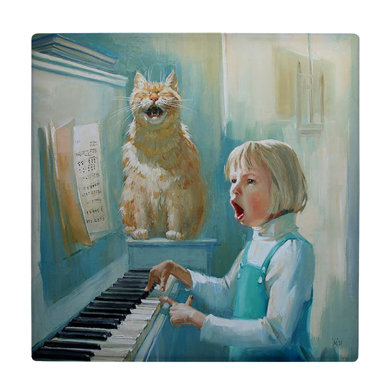  کاشی کارنیلا طرح دختر پیانیست و گربه آوازه خوان مدل لوحی کد klh2020 