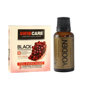 کاندوم سوئیس کر مدل BLACK POMEGRANATE بسته 3 عددی به همراه روغن یودن کد 01 حجم 30 میلی لیتر