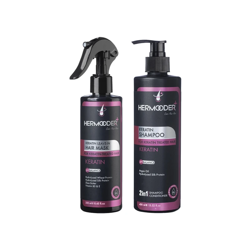  شامپو مو هرمودر مدل Keratin مناسب برای مو کراتین شده حجم 400 میلی لیتر به همراه ماسک مو هرمودر مدل Keratin مناسب برای مو کراتین شده حجم 250 میلی لیتر 