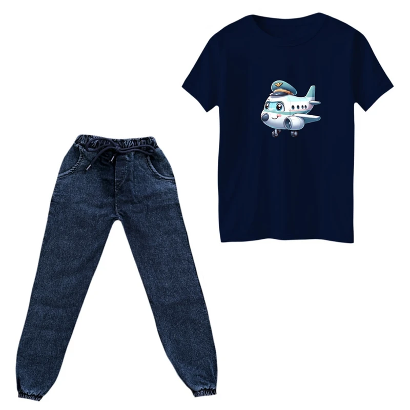 ست تی‌شرت و شلوار پسرانه مدل هواپیما کارتونی کد 01