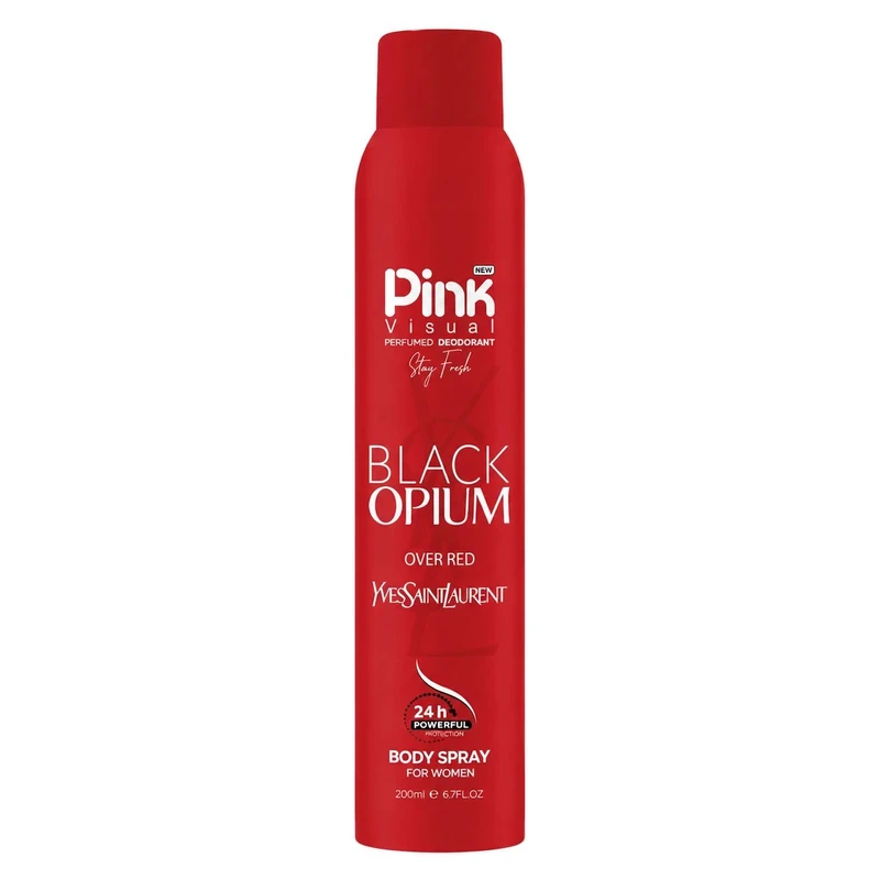 اسپری دئودورانت زنانه پینک ویژوآل مدل BLACK OPIUM OVER RED حجم 200 میلی‌لیتر