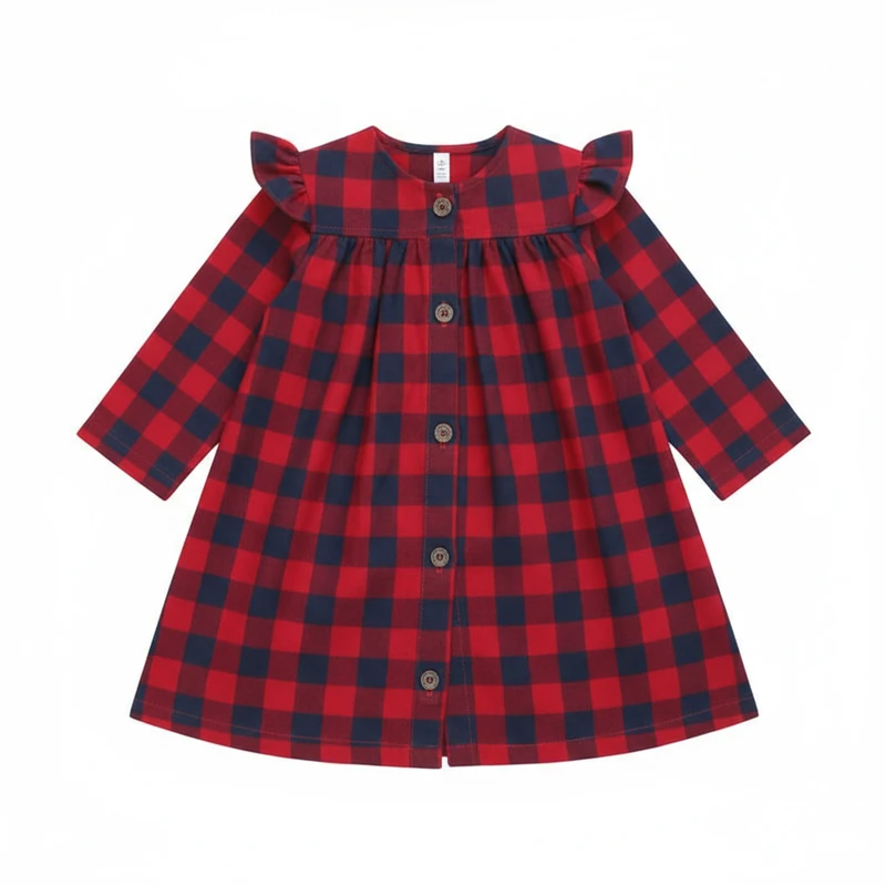 پیراهن آستین بلند یقه گرد دخترانه مدل دکمه دار