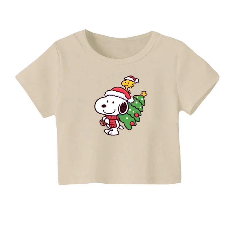کراپ‌ تی‌شرت آستین کوتاه زنانه مدل اسنوپی کریسمس کد 6