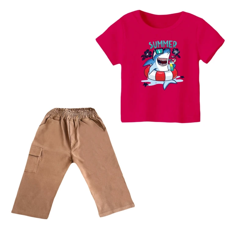 ست تی شرت و شلوارک پسرانه مدل کوسه کد ۱ رنگ سرخابی