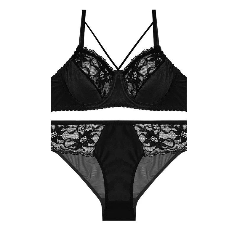 ست شورت و سوتین مخمل زنانه مدل گیپور هارنس دار کاپ B کد 19592