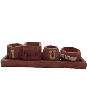 ست 4 تکه گلدان و زیر گلدانی بتنی مدل i love you friend