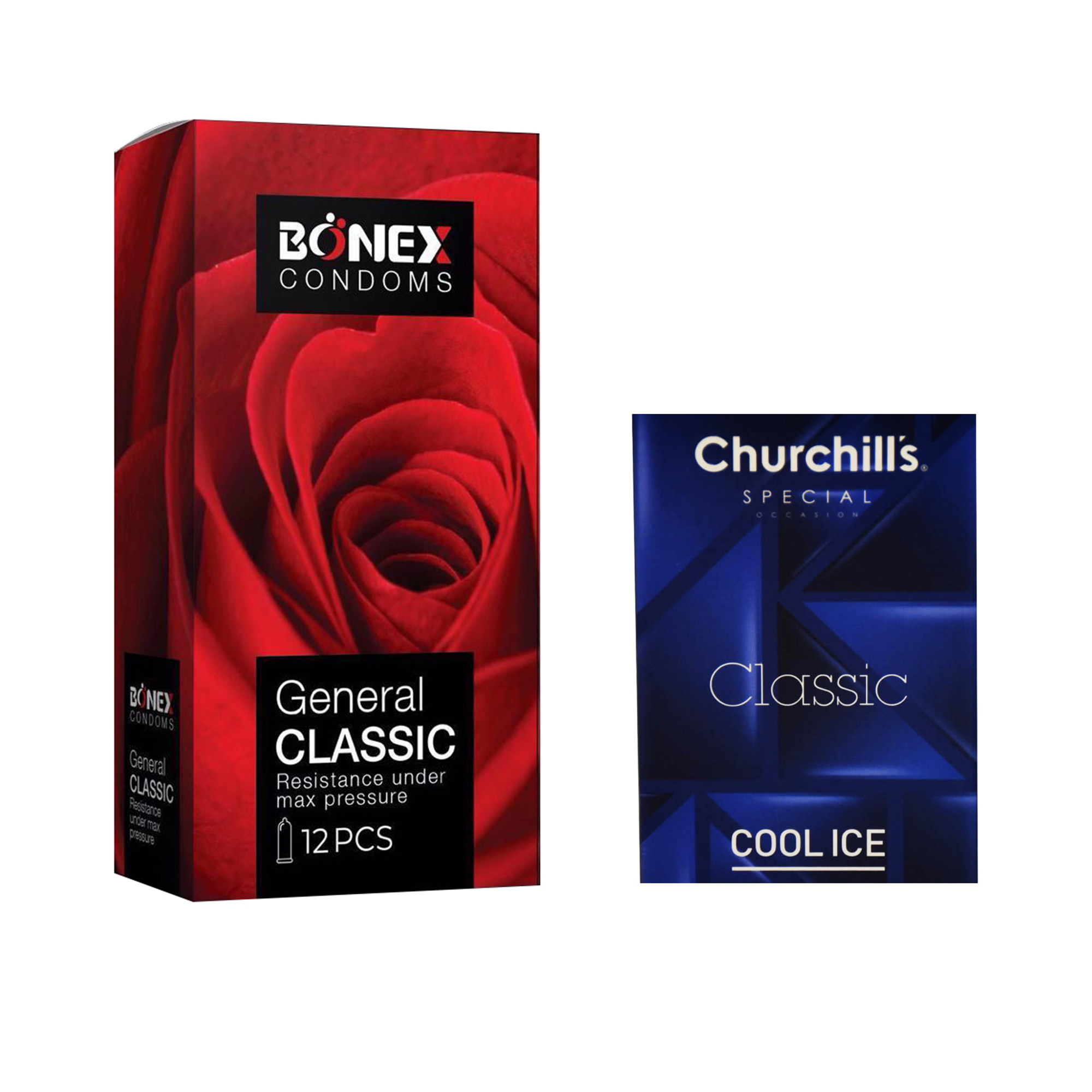 کاندوم بونکس مدل General Classic بسته 12 عددی به همراه کاندوم چرچیلز مدل Cool Ice بسته 3 عددی