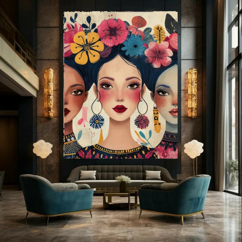 پوستر پارچه ای طرح مخمل  نقاشی فانتزی مدل زنان با تاج گل رنگارنگ کد PY828
