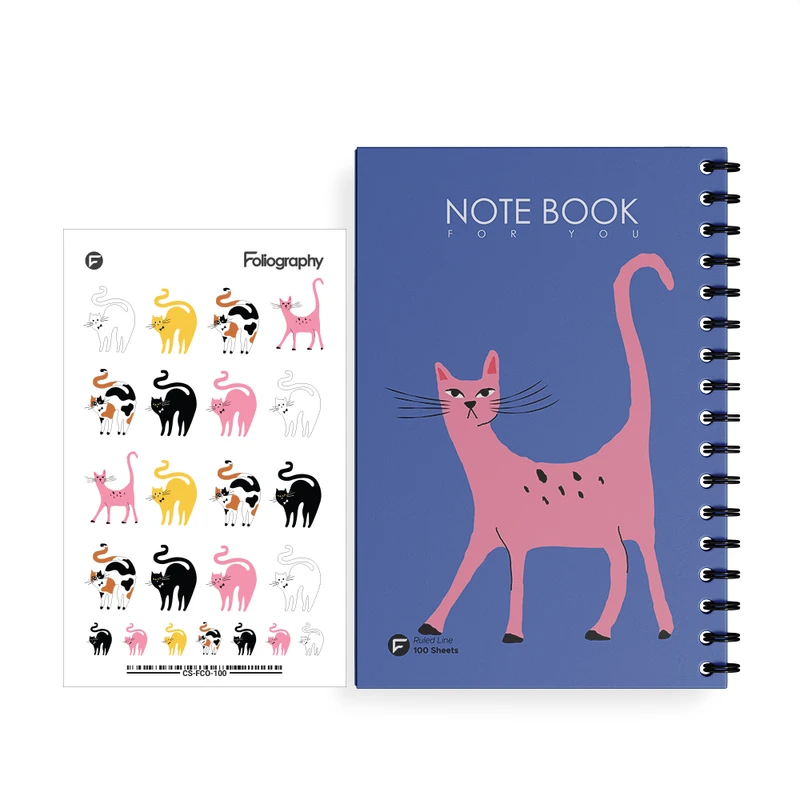 دفتر مشق 100 برگ فولیوگرافی طرح گربه به همراه استیکر