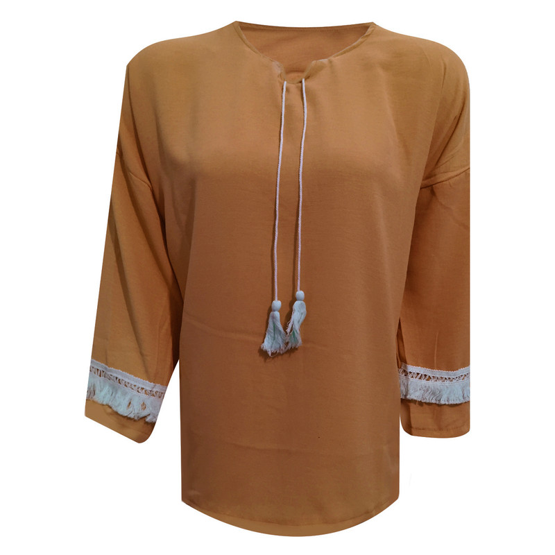 ست تونیک و شلوار زنانه مدل نخی ابر و بادی یقه کوبایی بنددار کد d501 رنگ کرم