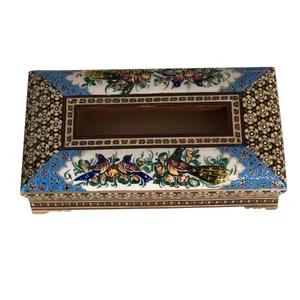 جعبه دستمال کاغذی خاتم کاری طرح گل و مرغ کد 921